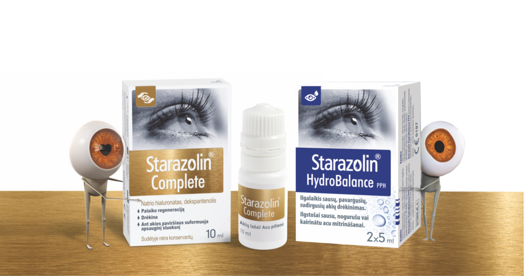 Starazolin drėkinamieji akių lašai. Grąžina natūralią akių drėgmės pusiausvyrą, apsaugo nuo pakartotinio jų išsausėjimo